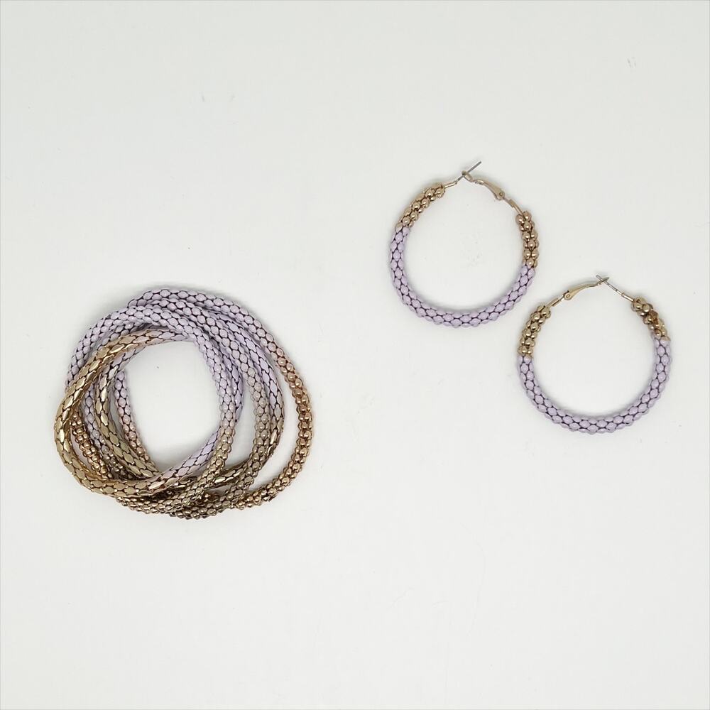 Jewelry Set Hoop Earrings and Five Elastic Stretch Bracelets Lavender and Gold